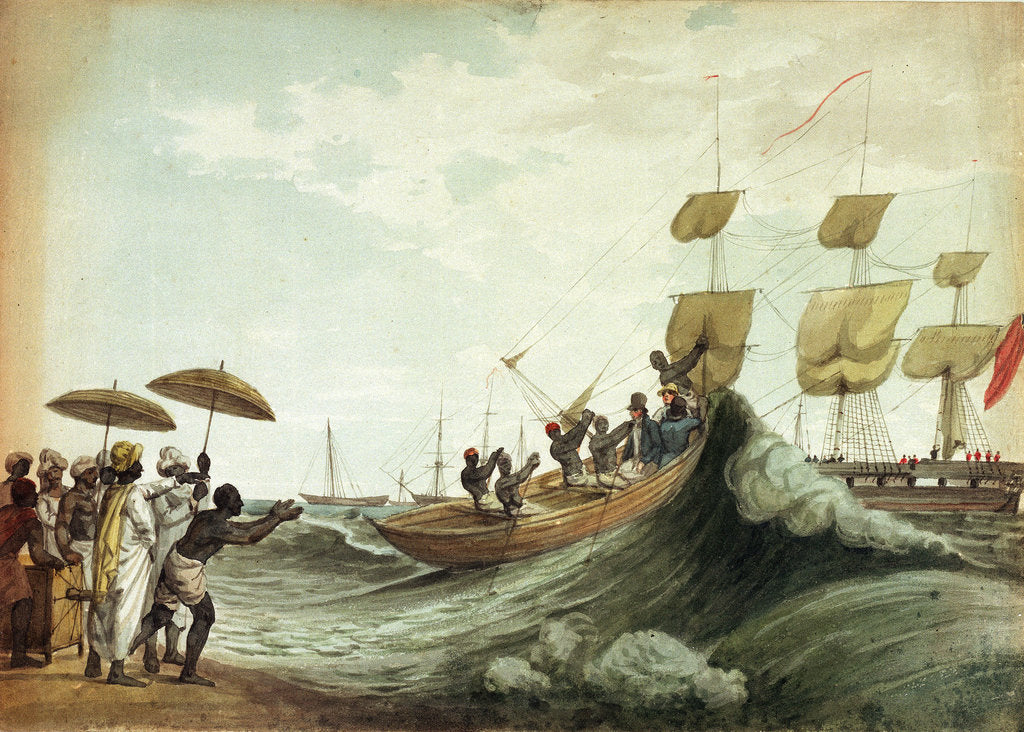 Detail of Ship's boat arriving on beach, Madras by unknown
