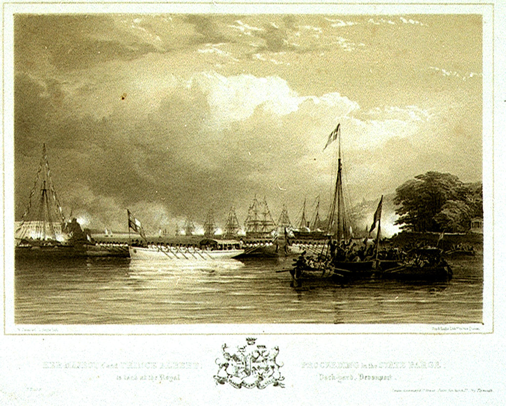 Detail of Her Majesty and Prince Albert, Proceeding in the State Barge, to land at the Royal Dock-Yard, Devonport by Nicholas Condy