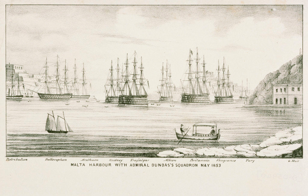 Detail of Malta harbour with Admiral Dundas's squadron, May 1853 by G. Muir