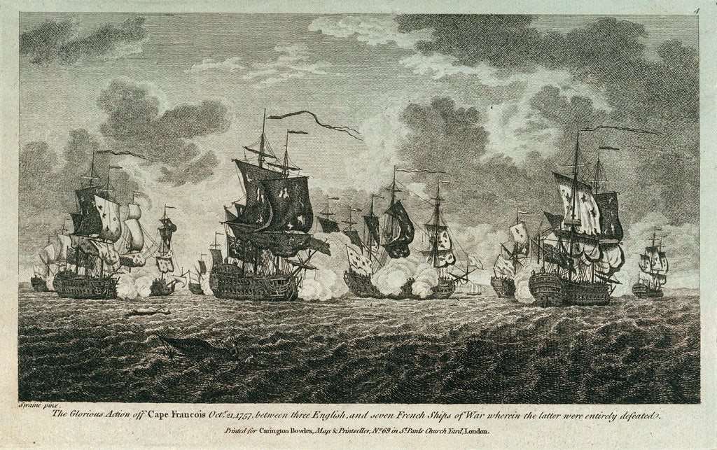 Detail of Twelve Prints of Sea Engagements. The Defeat of a French Squadron, commanded by Monsr de la Clue, off Cape Lagos, on the 18th of August 1759, by a Squadron of his Majesty's Ships under the Command of the Rt Honble Edwd. Boscawen Adml of the Blue by Francis Swaine