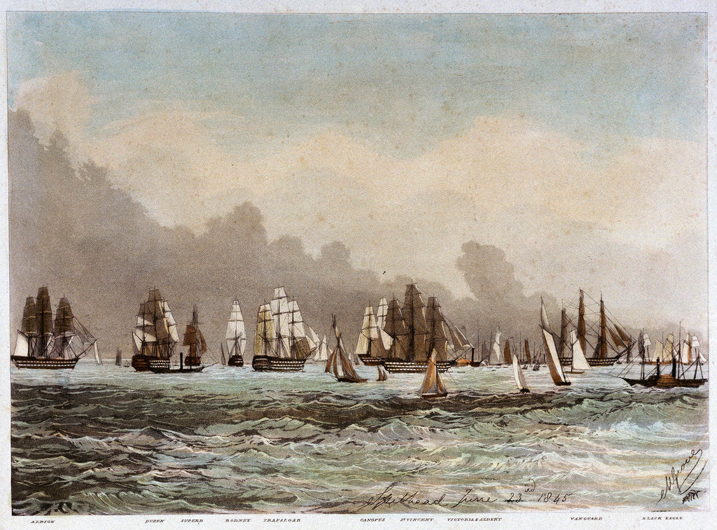Detail of Spithead, 23 June 1845. 'Albion', 'Queen', 'Superb', 'Rodney', 'Trafalgar', 'Canopus', 'St Vincent', 'Victoria & Albert', 'Vanguard', 'Black Eagle' by M. Grove