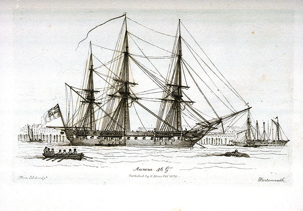 Detail of Sketches of Shipping in Portsmouth Harbour, Drawn and Etched by Henry Moses. Aurora 46 Gns. Portsmouth by Henry Moses