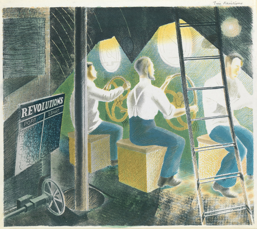 Detail of Diving controls two, three men at controls by Eric Ravilious