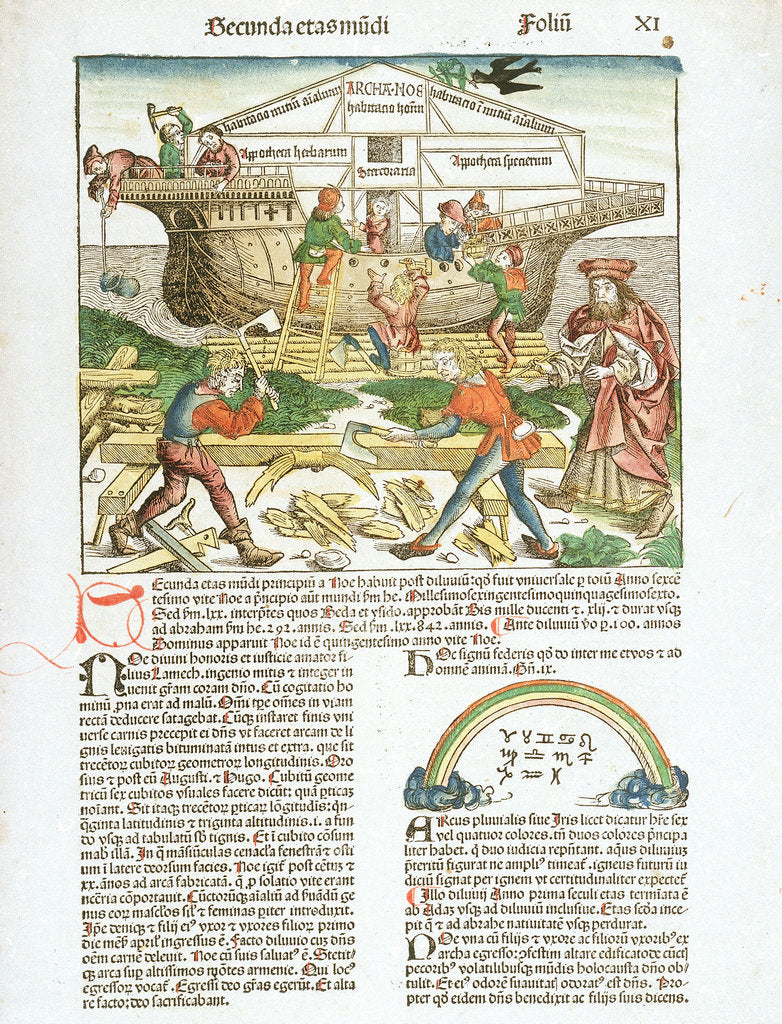 Detail of Page from 'The Nuremberg Chronicle' by Hartmann Schedel, depicting wooden shipbuilding in progress by Michael Wolgemut