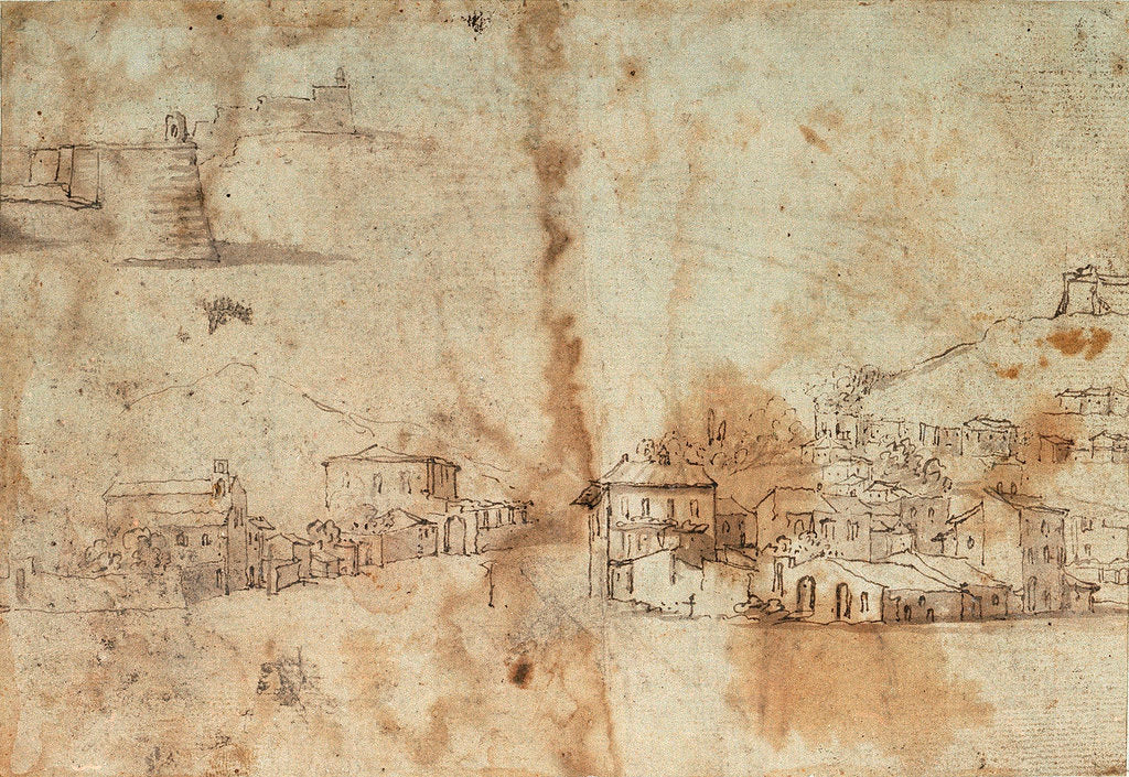 Detail of Study of a Mediterranean xebec and studies of ship sterns by Abraham Casembrodt
