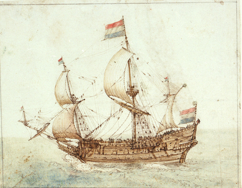 Detail of A Dutch three-masted ship under sail by Cornelis Verbeeck