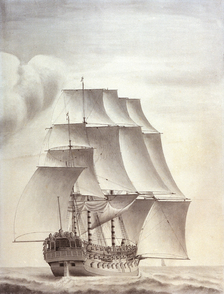 Detail of Portrait of the English ship 'Worcester' 60 guns by John Hood