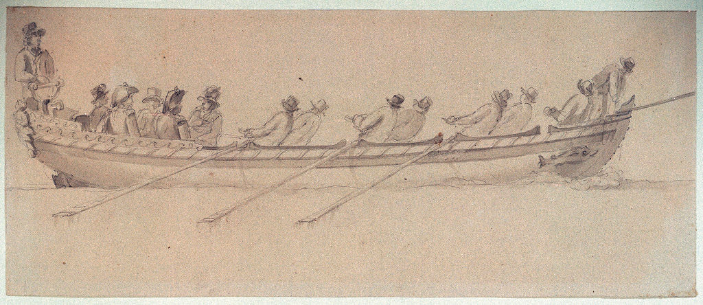 Detail of A naval barge with eight oarsmen by Nicholas Pocock