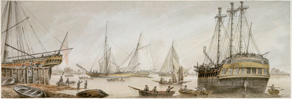 Detail of An East Indiaman drawn up for repairs by Samuel Atkins