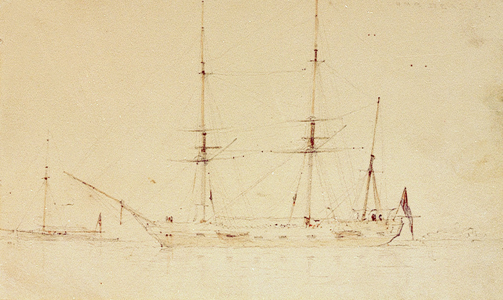 Detail of HMS 'Beagle' at anchor in a calm by Oswald Walter Brierly