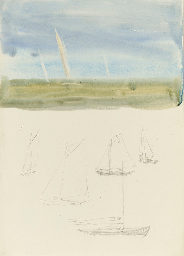 Detail of Three yachts at sea in the hazy distance with graphite sketches of yachts below by William Lionel Wyllie