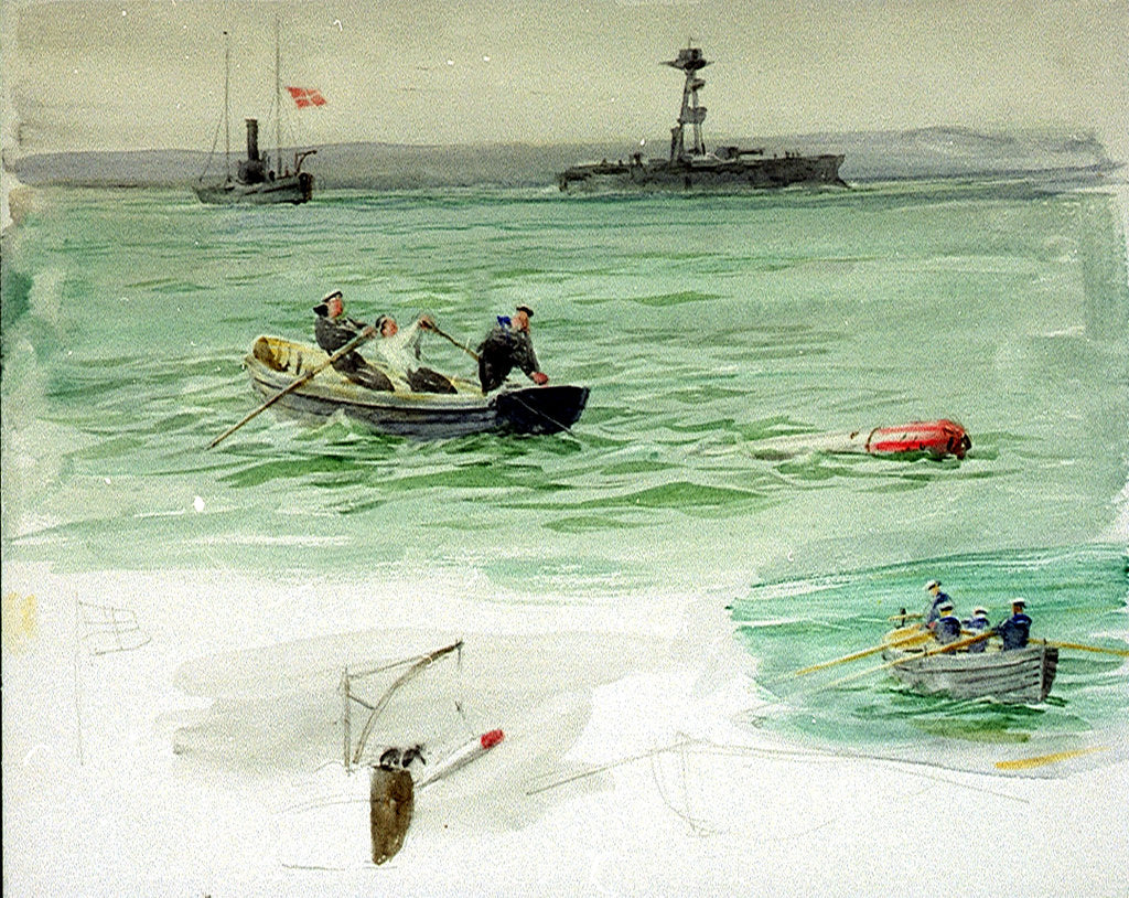 Detail of Sailors in a rowing boat retrieving an object from the sea by William Lionel Wyllie
