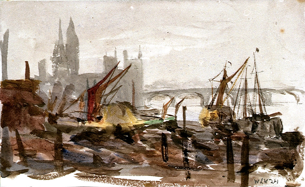 Detail of Vessels moored beside a river possibly the Thames, with bridge and large buildings outlined in background by William Lionel Wyllie
