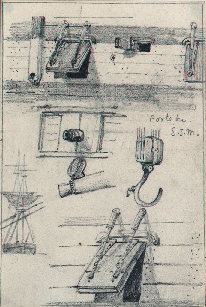 Detail of Studies of gun ports and four part block of an East Indiaman and a brig seen from ahead with lower yards cockbilled by Edward William Cooke