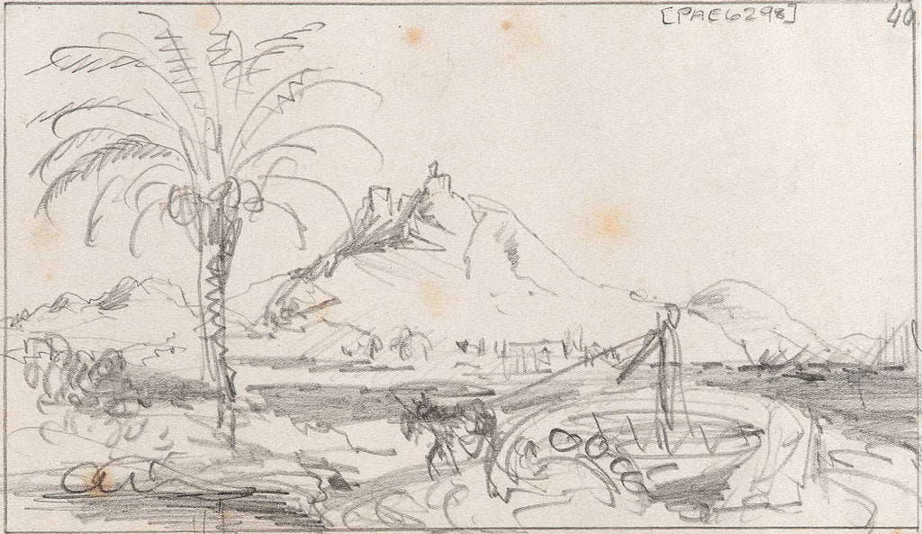 Detail of A rough sketch of a harbour with a mule working a well, and a hill and castle behind, possibly Alicante by Edward William Cooke
