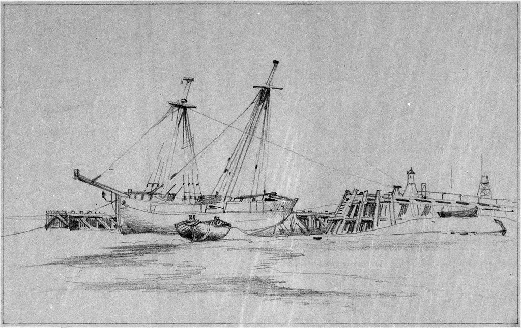 Detail of Yarmouth beach looking south with a beach yawl and other small boats drawn up by Edward William Cooke
