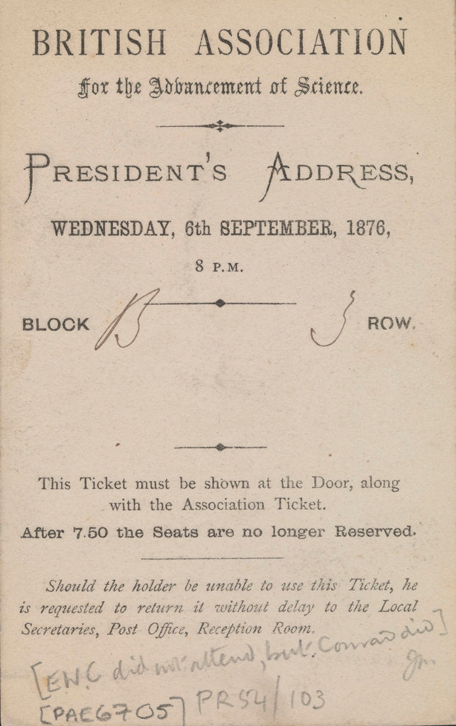 Detail of Invitation to the President's Address, British Association for the Advancement of Science, 6 September 1876 by Edward William Cooke