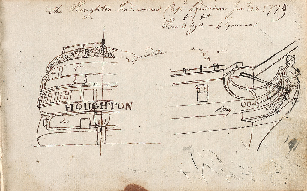Detail of Annotated sketches of the stern, bow and figurehead of the Indiaman Houghton with inscription (on reverse) by Thomas Luny