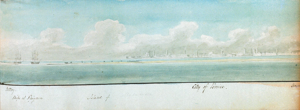 Detail of Two separate drawings of the city of Trieste and the city of Venice both from the sea by William Innes Pocock