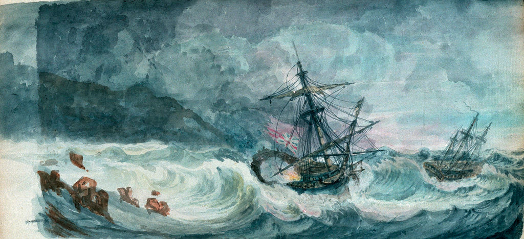 Detail of Partly dismasted British man-of-war being driven onto rocks in a storm, with another standing off by D. Tandy