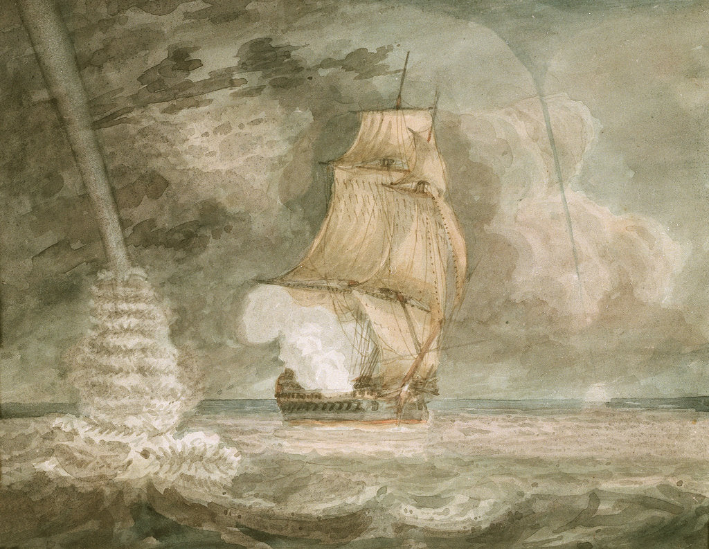 Detail of Naval vessel at sea, firing a gun, with waterspouts starboard and port by D. Tandy