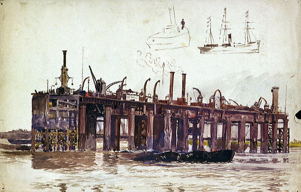 Detail of Jetty of Beckton Gasworks with very rough sketch of a ship and a tug by William Lionel Wyllie