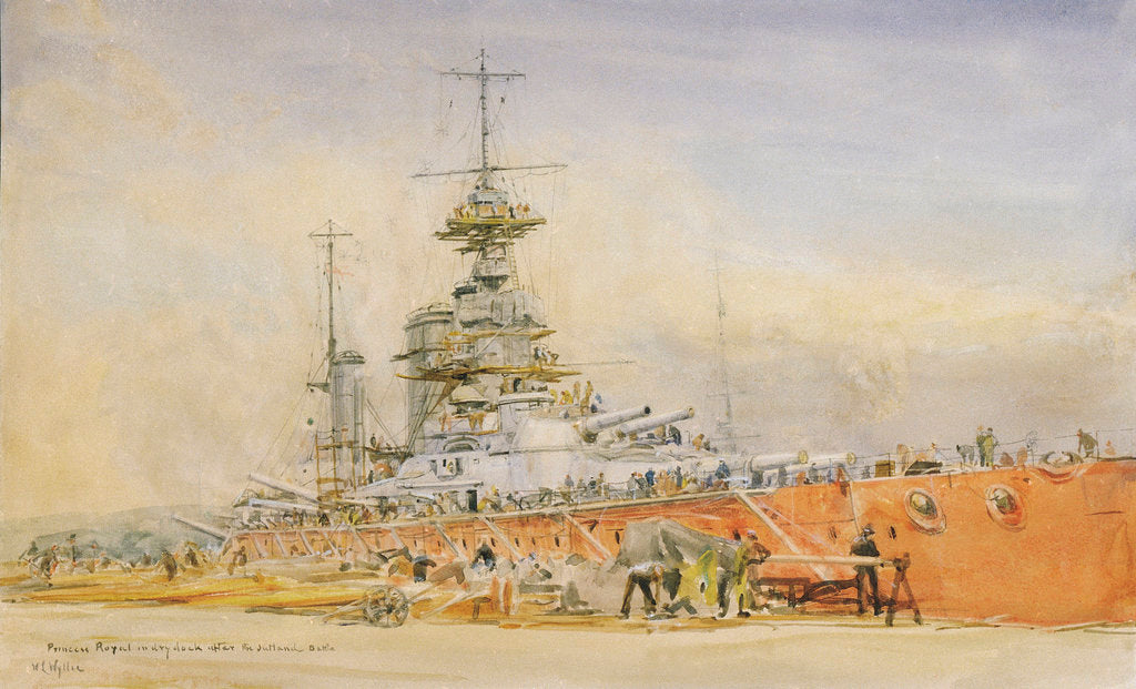 Detail of 'Princess Royal' in dry dock at Portsmouth after the Battle of Jutland, 1916 by William Lionel Wyllie
