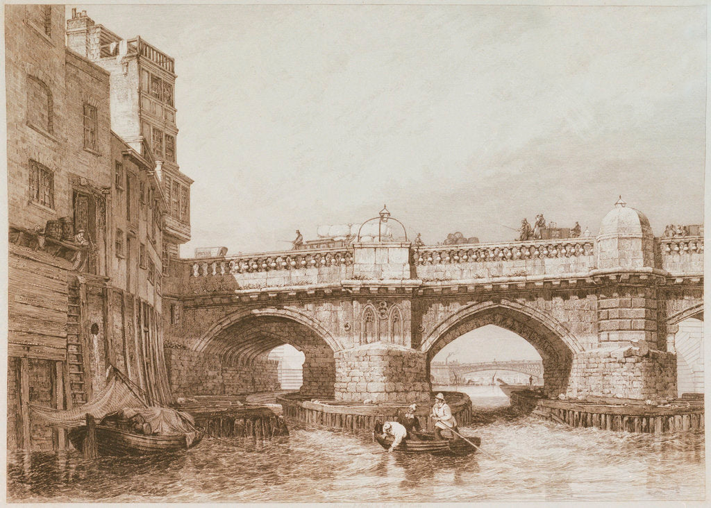 Detail of Old London Bridge, with river craft and warehouses by Edward William Cooke