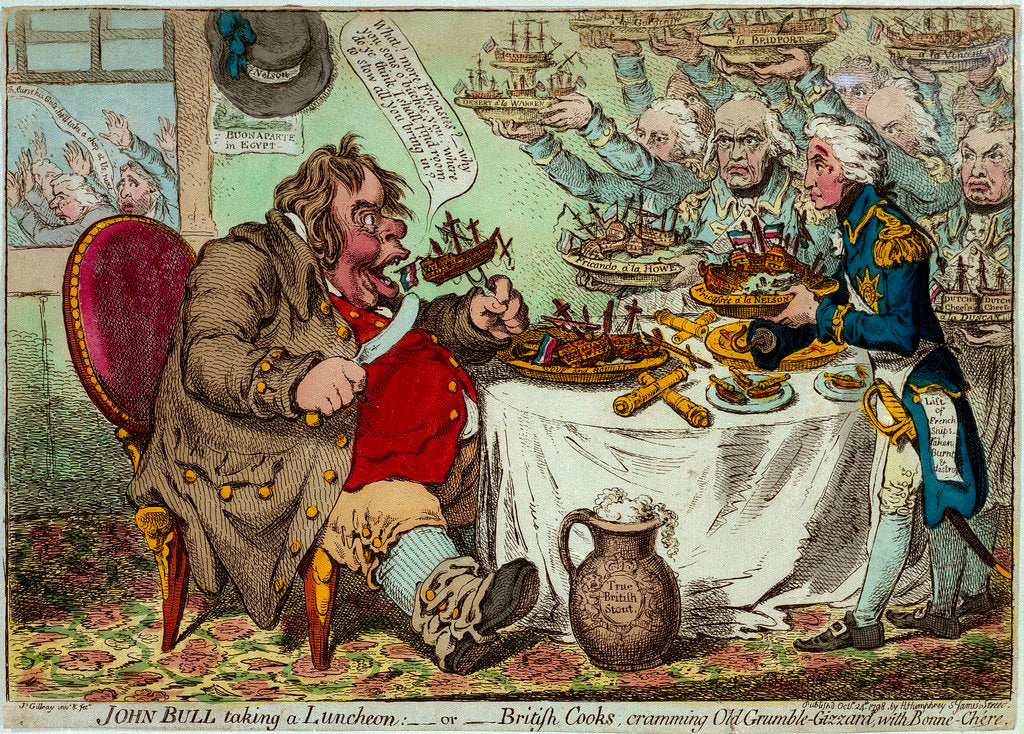 Detail of John Bull taking a Luncheon:  - or - British Cooks, cramming Old Grumble-Gizzard, with Bonne-Chere by James Gillray