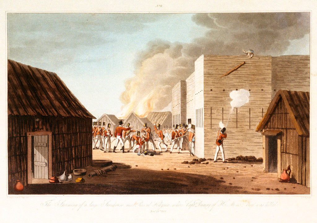 Detail of No. 8 'The storming of a storehouse near Rusal Khyma, 13 November 1809' by R. Temple