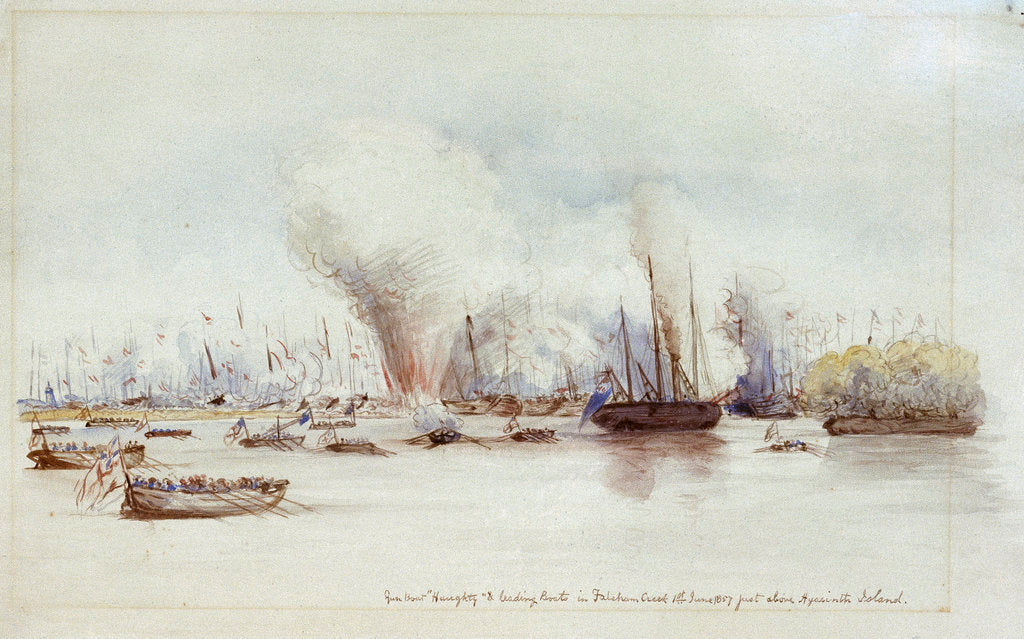 Detail of Gun boat Haughty & leading boats in Fatcham Creek 1st June 1857 just above Hyacinth Island by unknown