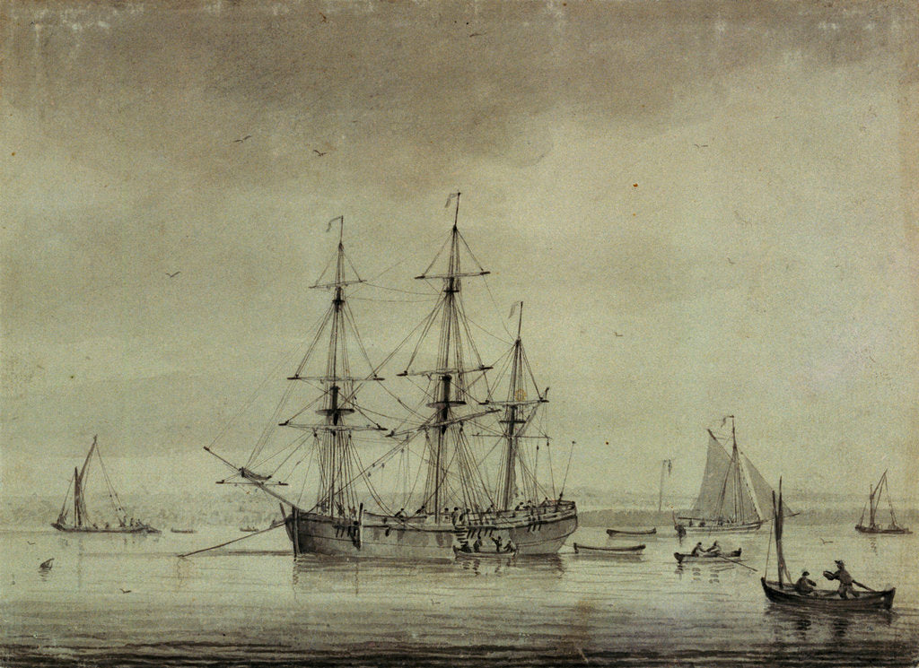 Detail of A merchant ship at anchor by unknown