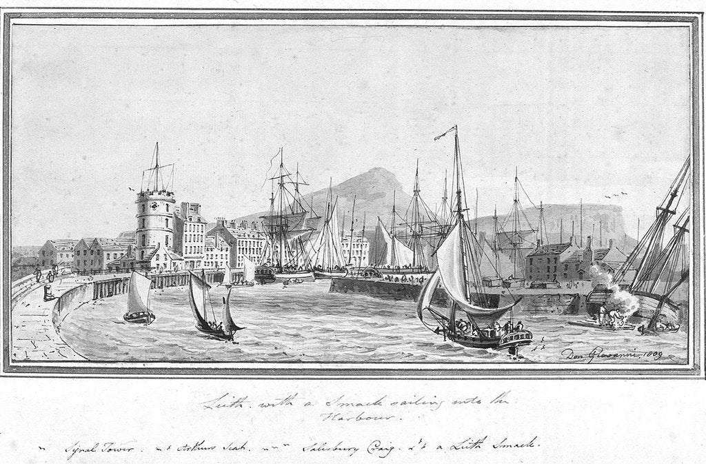 Detail of Port of Leith with a smack sailing into the harbour by J.T. Serres