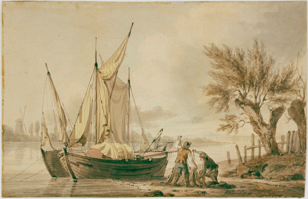 Detail of A river scene with fishing boats and fishermen sorting their nets on shore. by John Thomas Serres