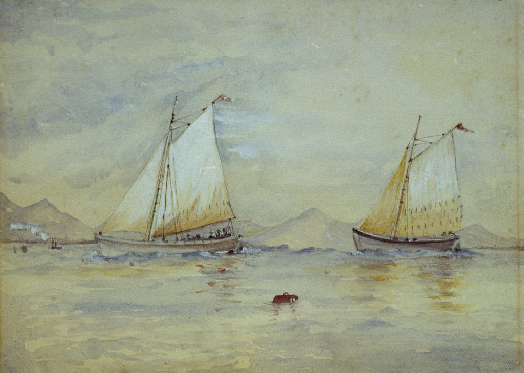 Detail of Two sailing craft off a shore by Lady Emily Frances Phipps Hornby