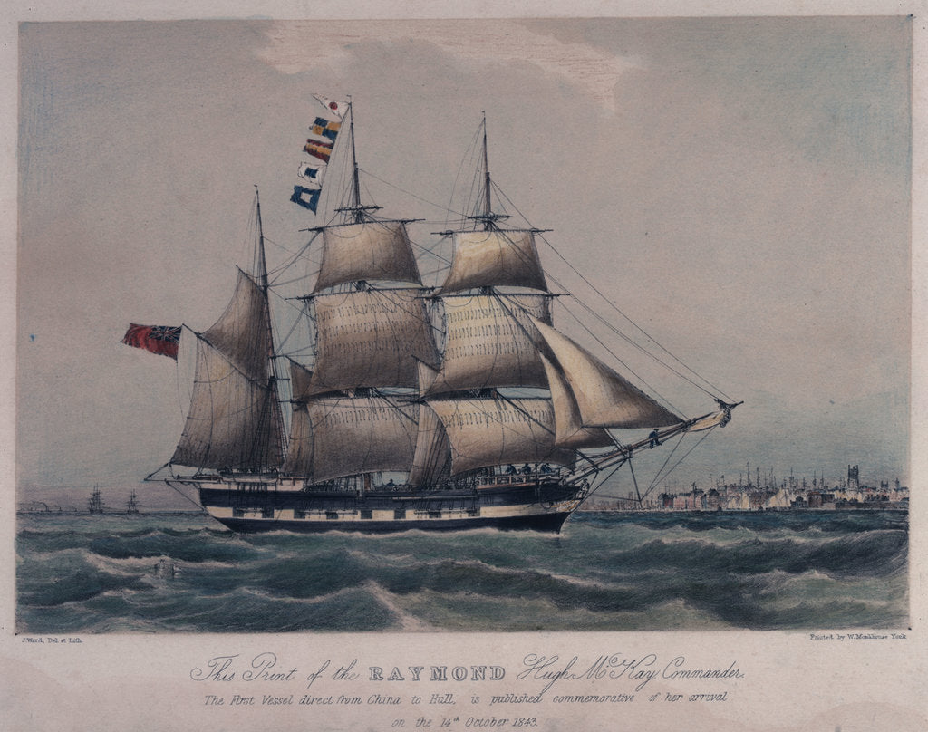 Detail of This print of the Raymond Hugh Mckay Commander. The first vessel direct from China to Hull is published commemorative of her arrival on the 14th October 1843 by J. Ward