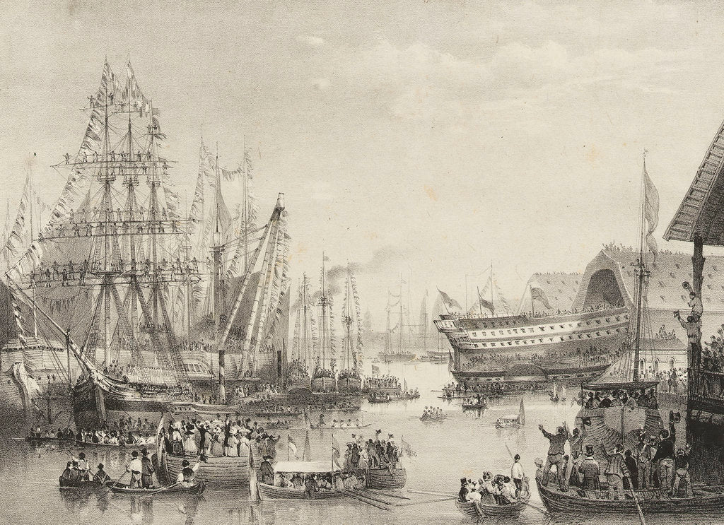 Detail of The launch of 84-gun HMS 'Thunderer' at Woolwich Dockyard, 1831 by T.S. Cooper