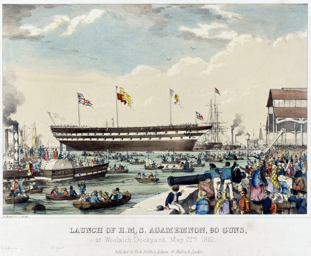 Detail of Launch of HMS 'Agamemnon', 90 guns, at Woolwich Dockyard, 22 May 1852 by A. Pernet