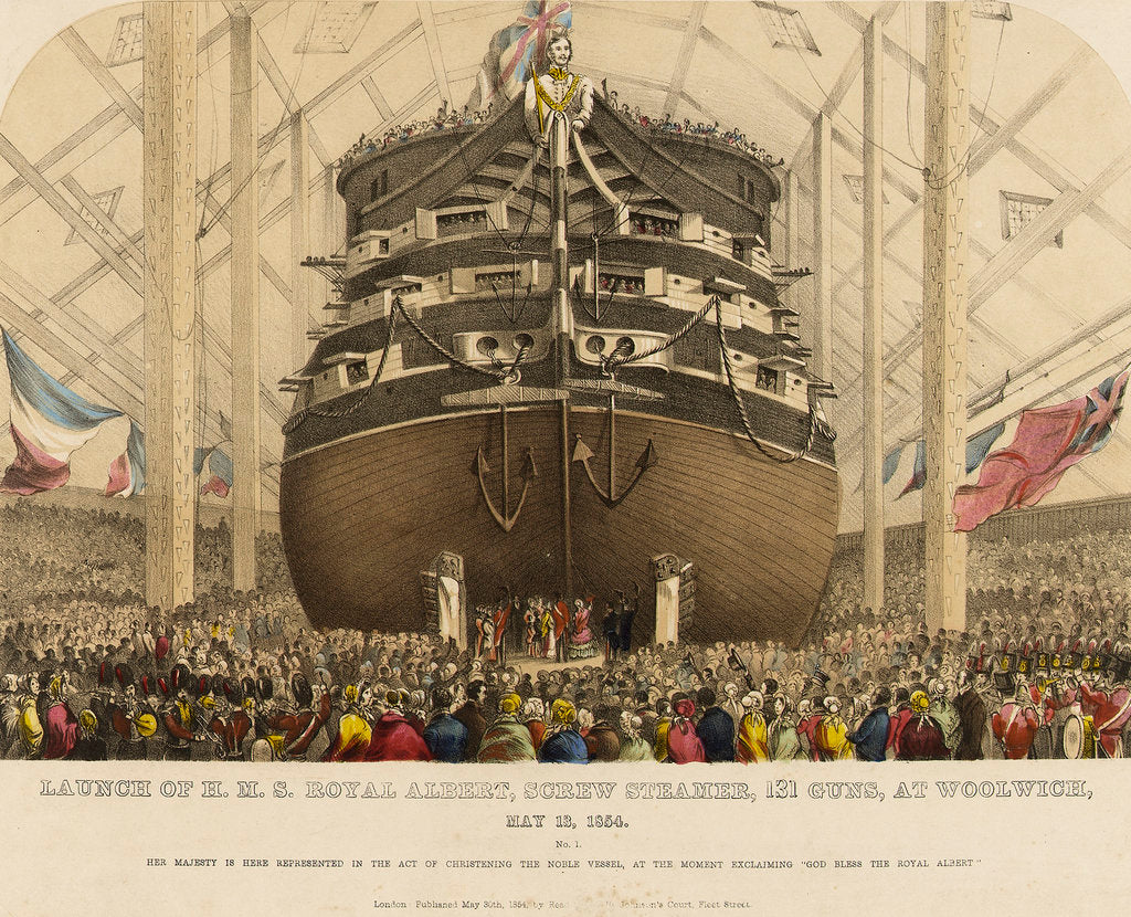 Detail of Launch of HMS 'Royal Albert' screw steamer, 131 guns, at Woolwich, 13 May 1854 by Read & Co