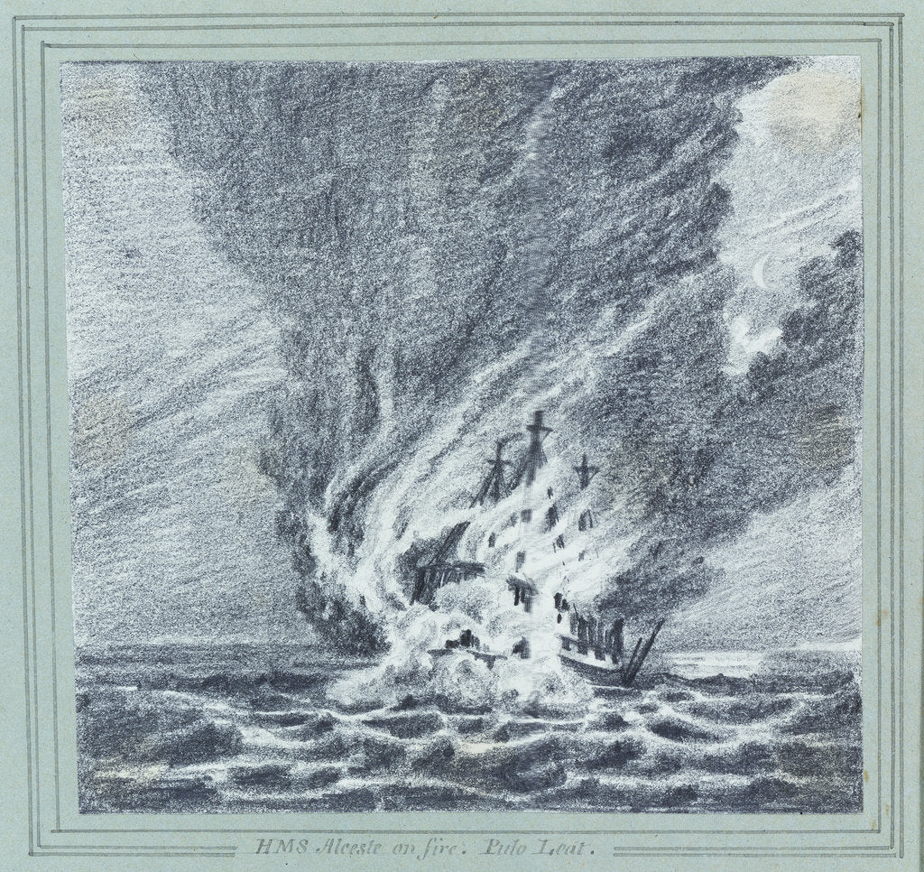 Detail of HMS 'Alceste' on fire, Pulo Leat by C. W. Browne
