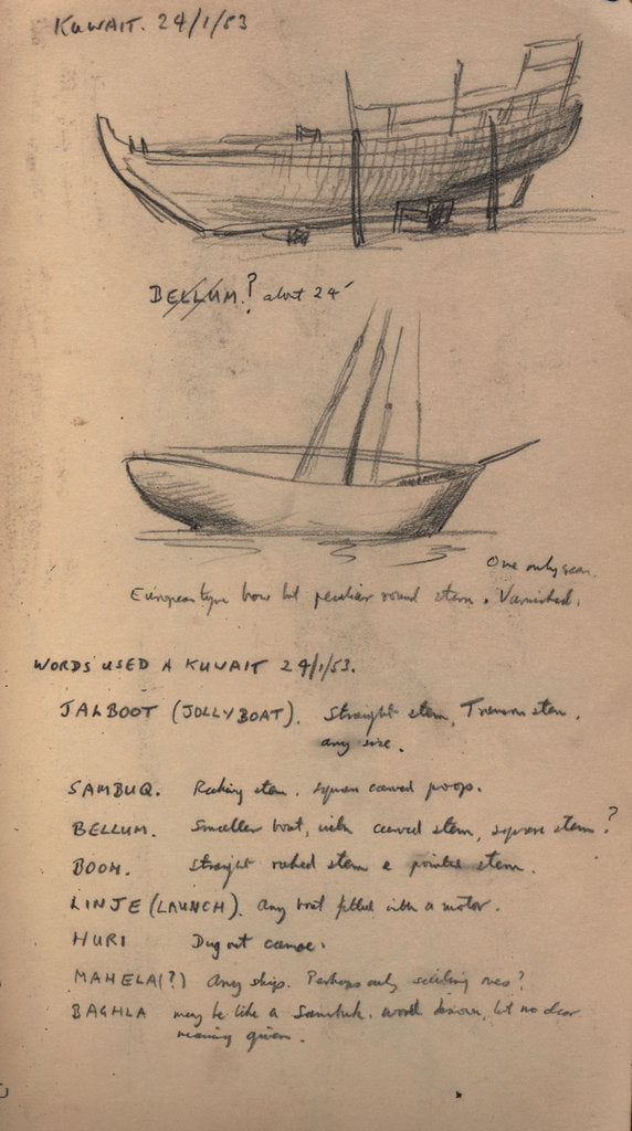 Detail of Sketch of an Arab rowing boat with a boom by R.J. Clutterbuck