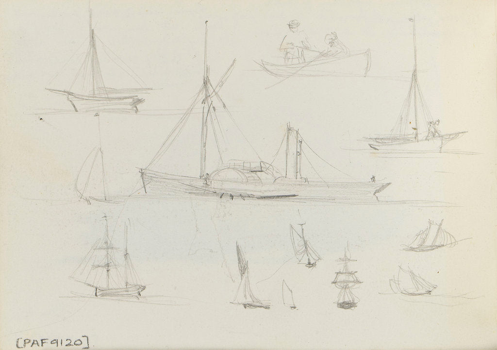 Detail of Sketch of two sailing vessels on a blue sea. With colour notes by John Brett