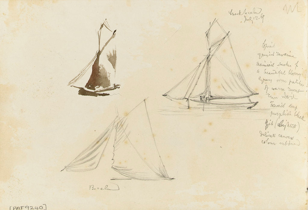 Detail of Two rough coastal profile sketches, one with a sailing vessel by John Brett