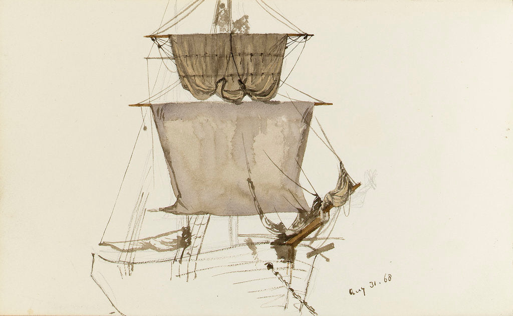 Detail of Sketch of sailing vessel with square sails - unfinished (on reverse) by John Brett