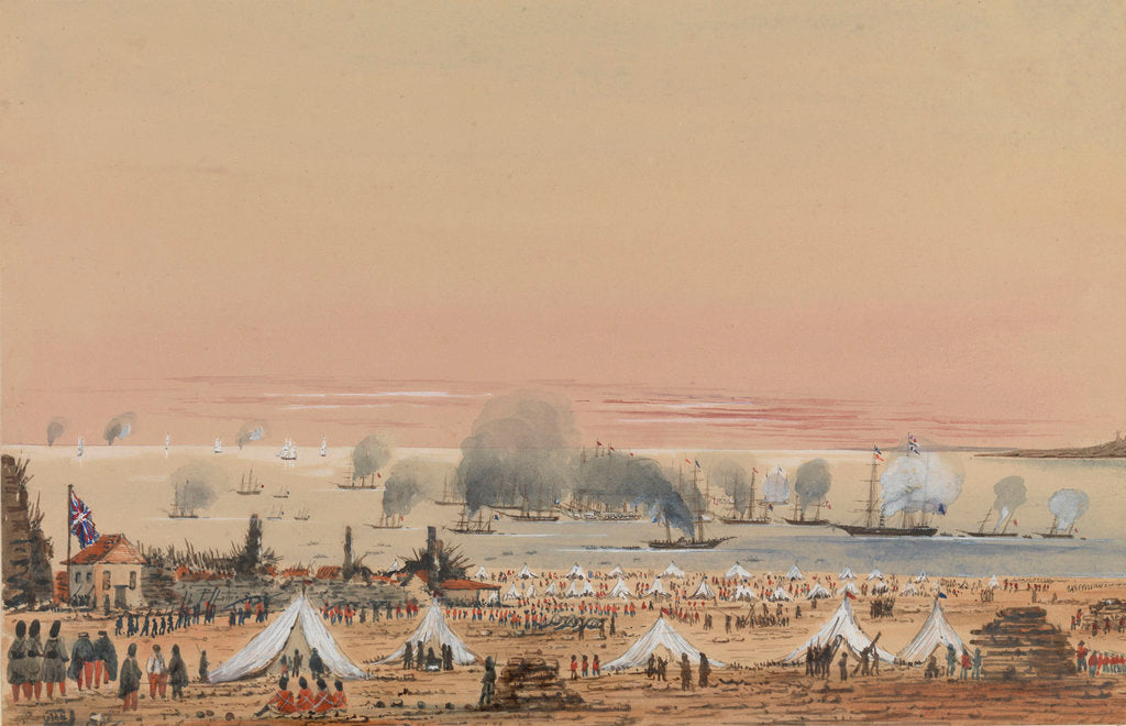 Detail of British Army encampment with a fleet off shore by Harry Edmund Edgell