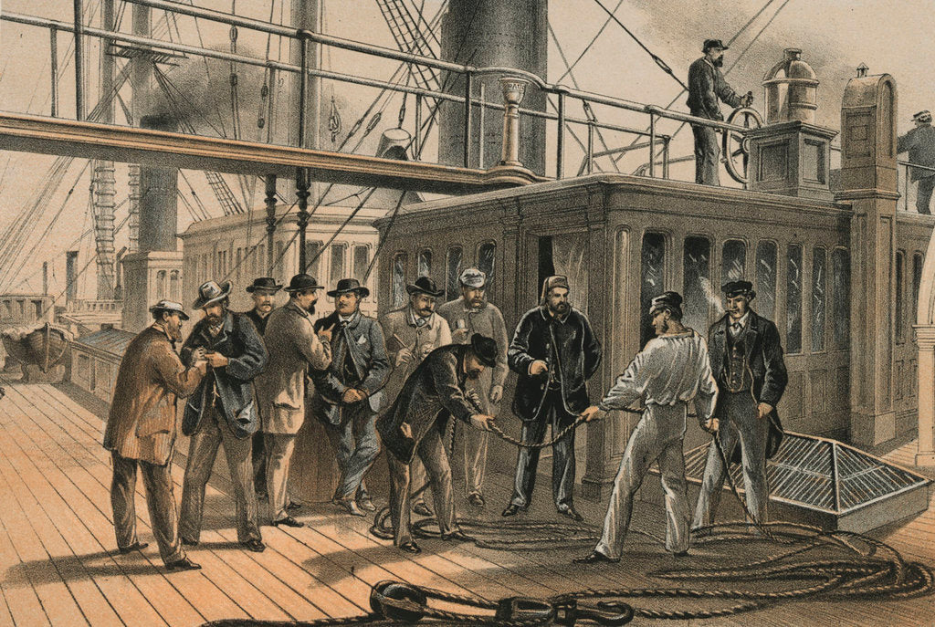 Detail of Searching for fault aboard the 'Great Eastern' after recovery of the cable from the bed of the Atlantic, 31 July 1865 by R. Dudley