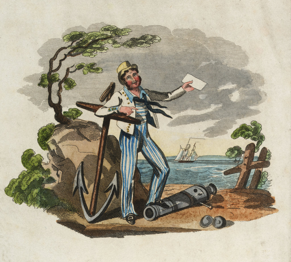 Detail of Sailor leaning on anchor with foot on gun barrel, holding paper in left hand by unknown