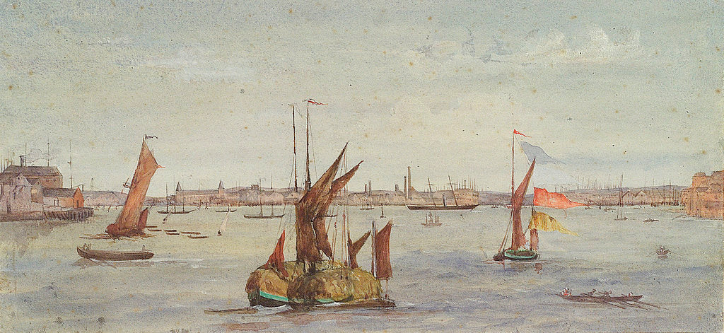 Detail of The Thames below Greenwich with hay barge and other shipping by Emily Frances Phipps Hornby