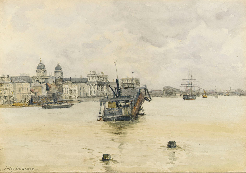 Detail of 'Greenwich', with a dredger on moorings off the Royal Naval College, Greenwich Hospital by Jules Lessore