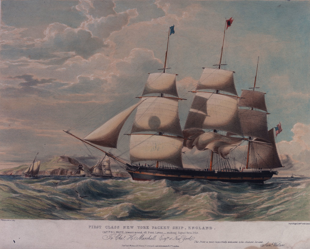 Detail of First class New York packet ship England, Captain B. L. Waite, inward-bound off Point Lynas, making signal for a Pilot by Samuel Walters